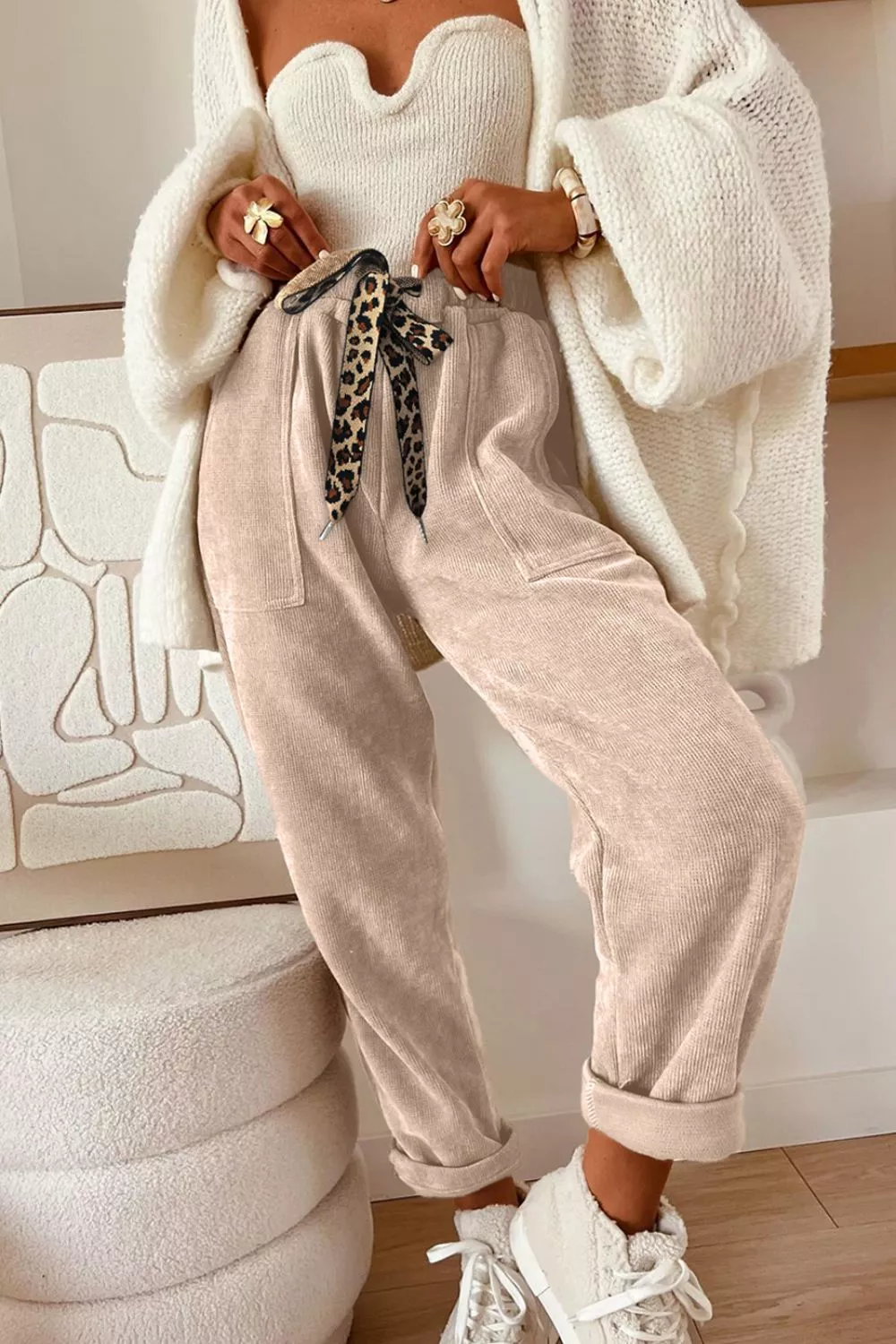 Leopard Drawstring Loose Fit Pants, image 3