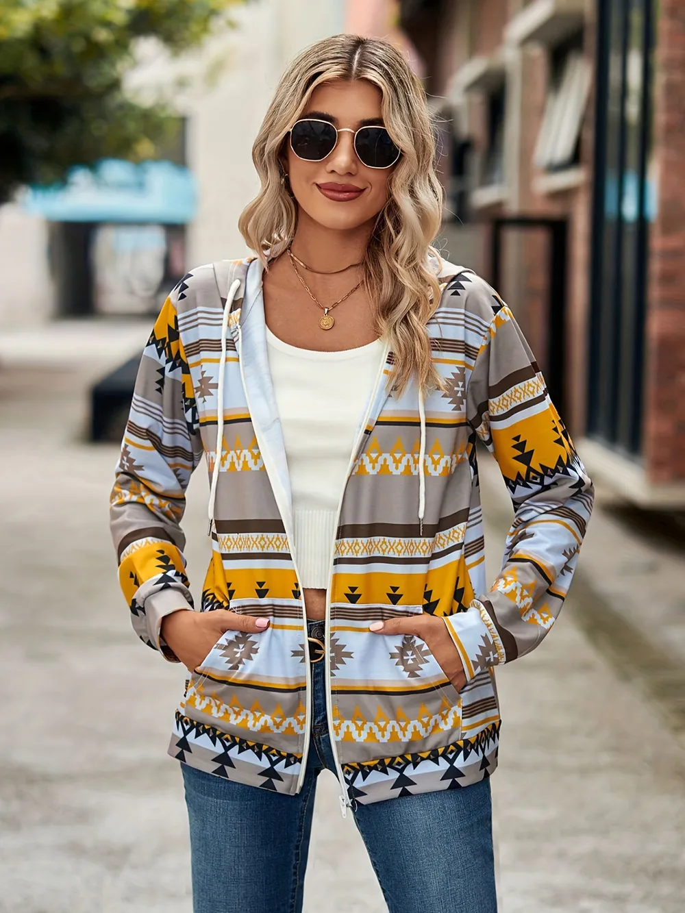 Geometric Zip Up Long Sleeve Hooded Jacket, image 17