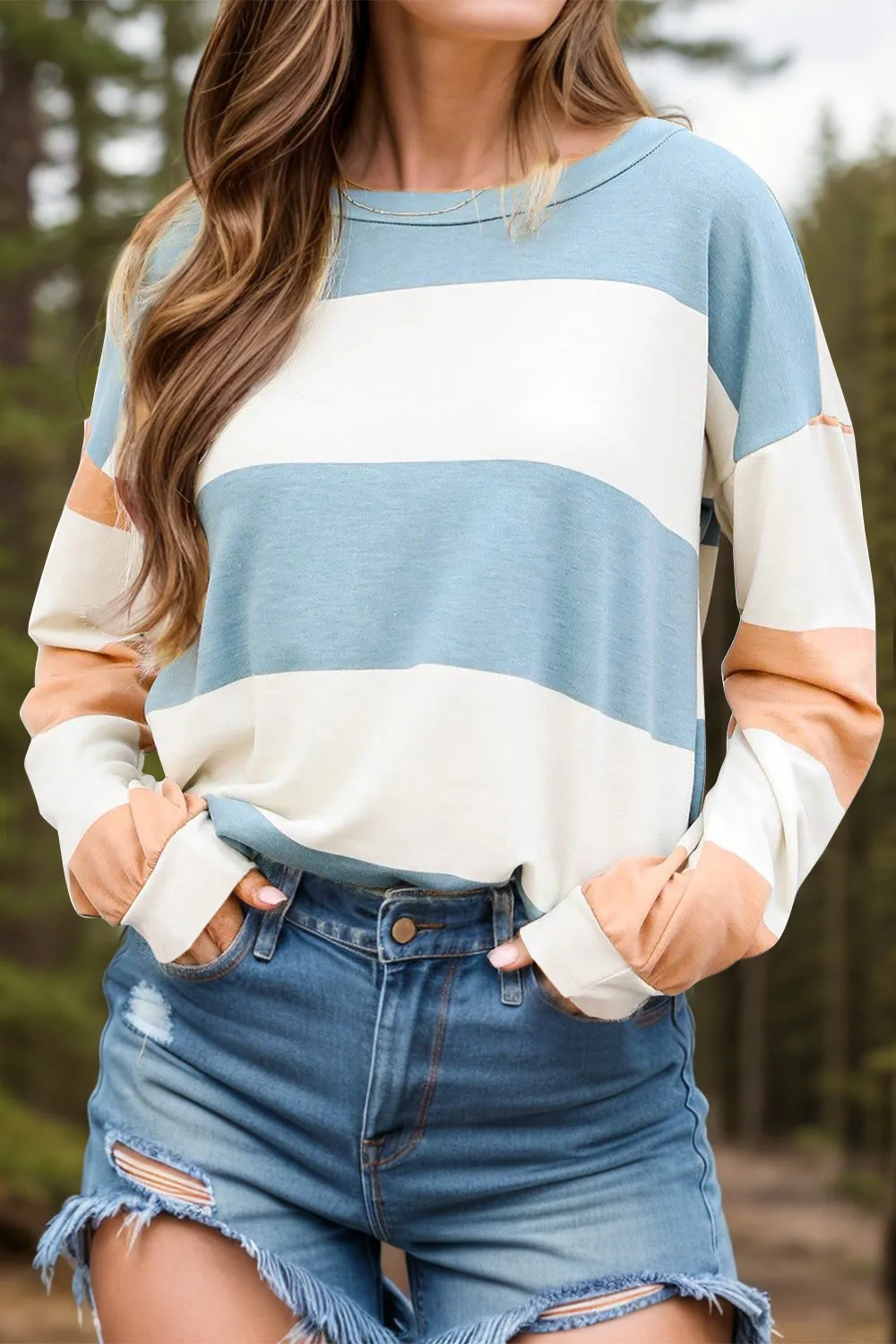 Contrast Color Block Round Neck Long Sleeve Top, image 9