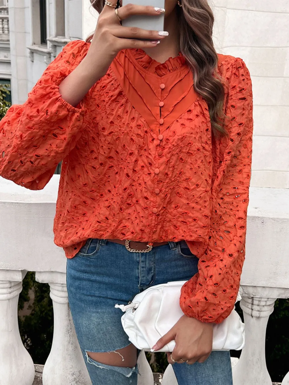 Frill Round Neck Long Sleeve Shirt, image 6