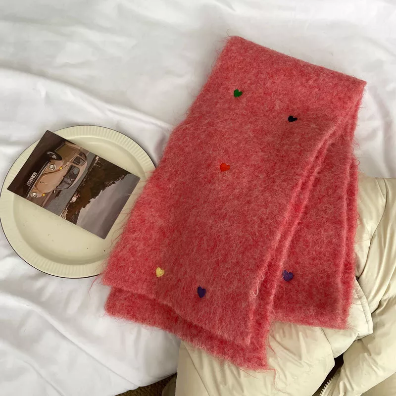 Heart-Embellished Fuzzy Knit Scarf, image 4