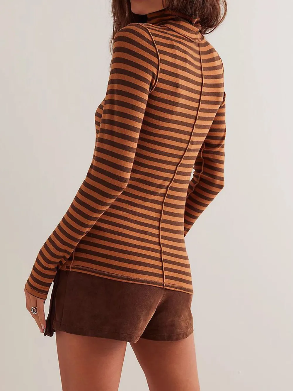 Exposed Seam Striped Turtleneck Long Sleeve T-Shirt, image 5