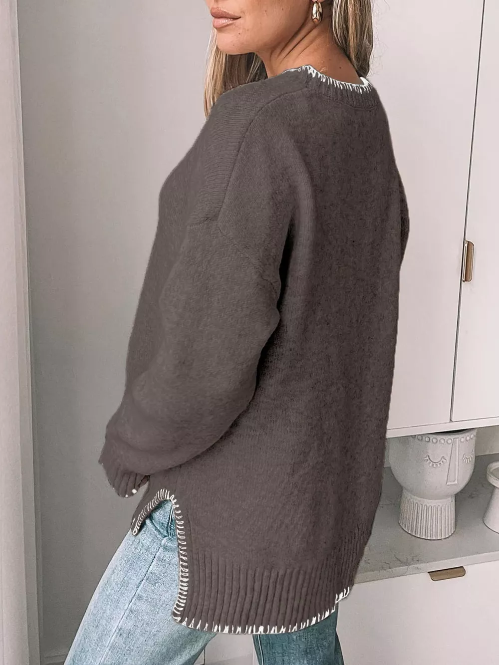 Slit Contrast Trim Round Neck Sweater, image 8
