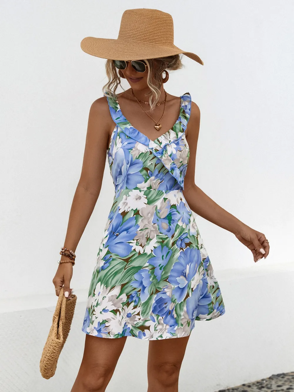 Printed Ruffled Surplice Wide Strap Mini Dress, image 12