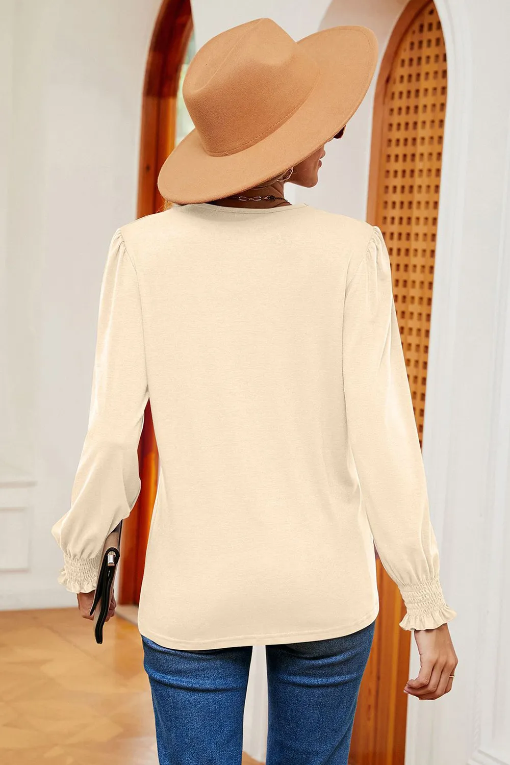 Lace Detail V-Neck Lantern Sleeve T-Shirt, image 22
