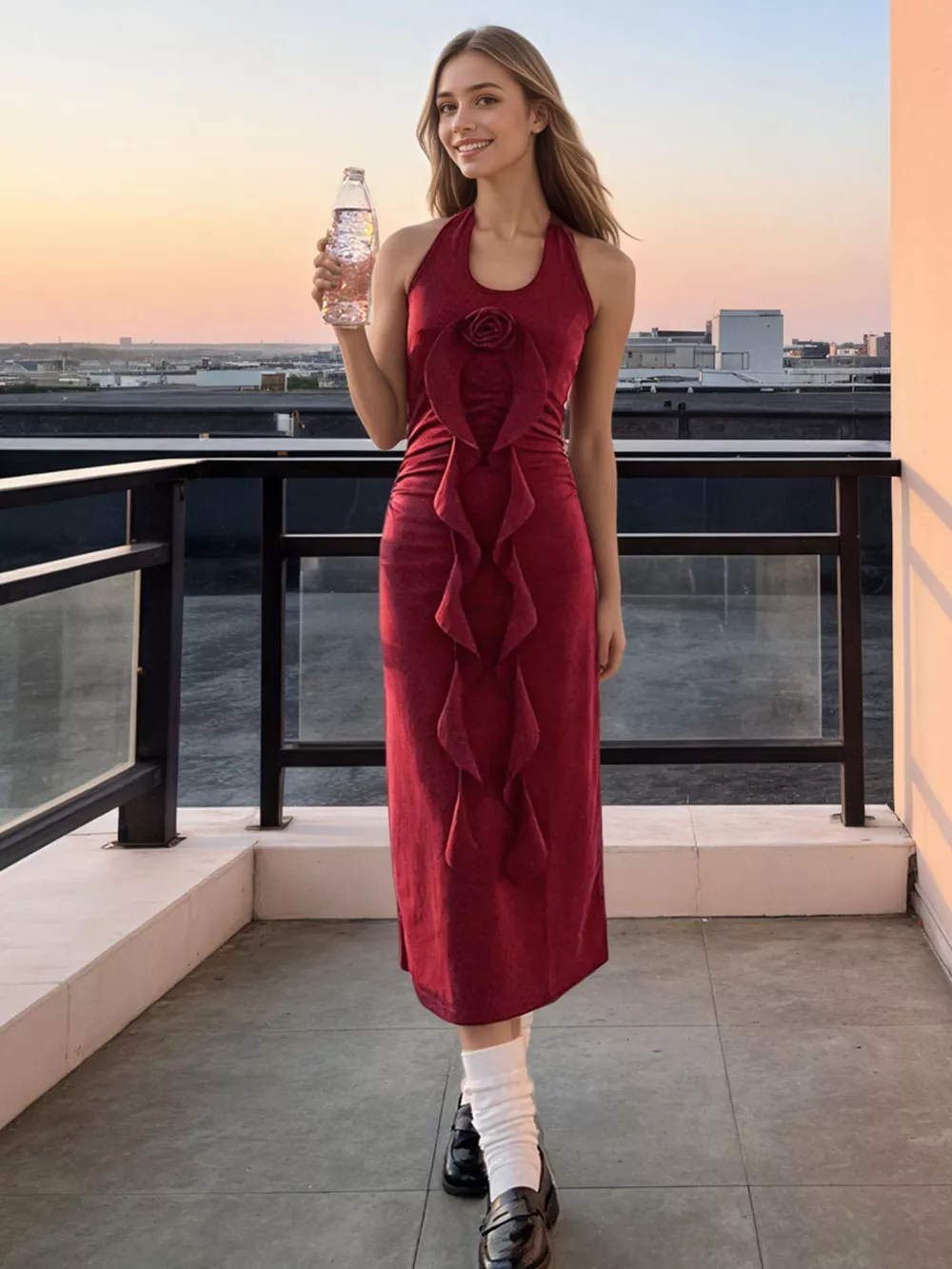 Halter Neck Ruffle Midi Dress, image 8
