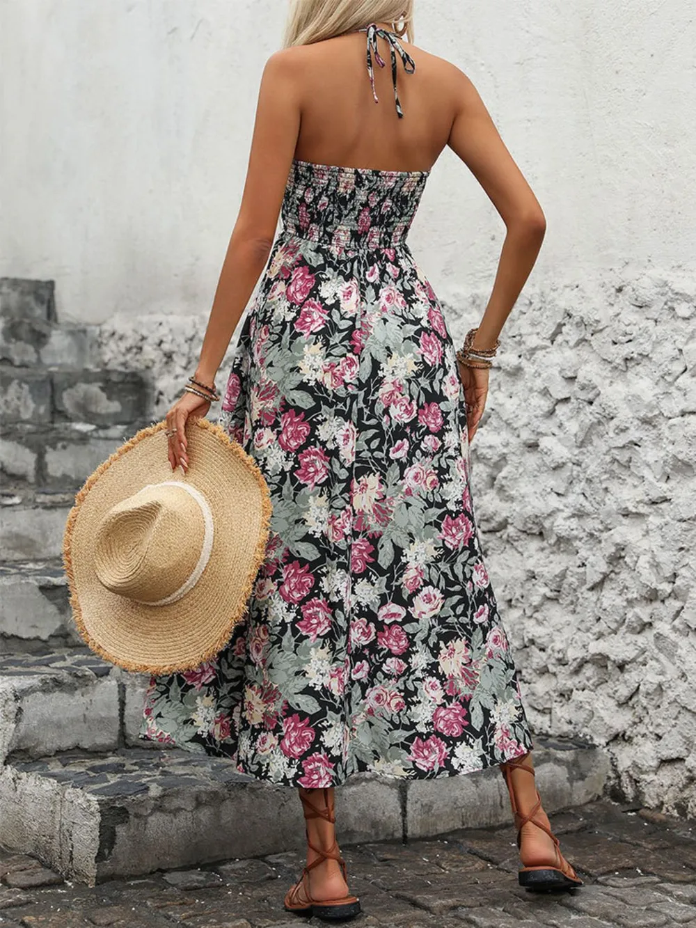 Smocked Printed Halter Neck Midi Dress, image 5