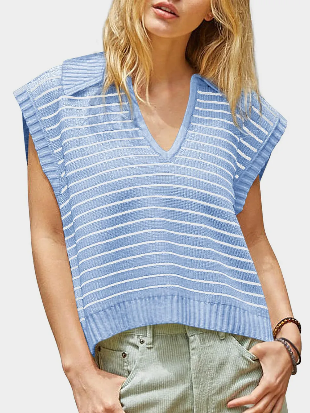 Collared Neck Striped Sweater Vest, image 17