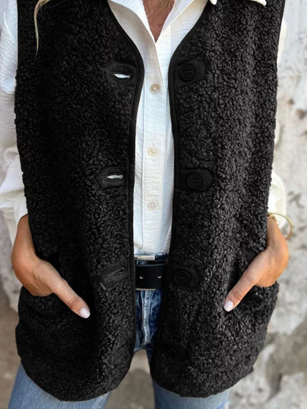 Full Size Cozy Sherpa Fleece Button-Up Vest Coat with Pockets Plus Size, image 6