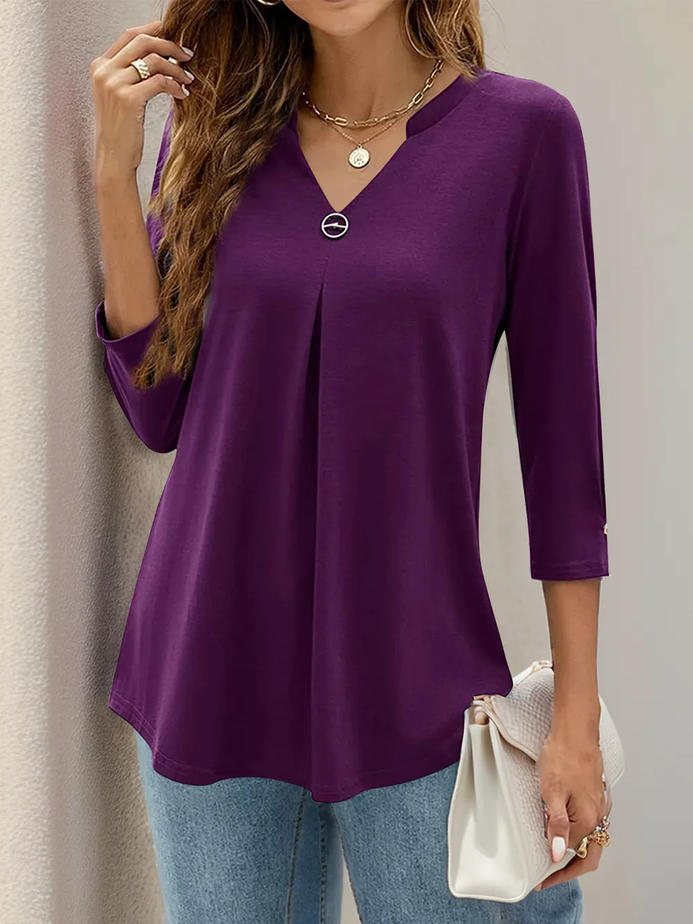 Notched Three-Quarter Sleeve T-Shirt, image 4