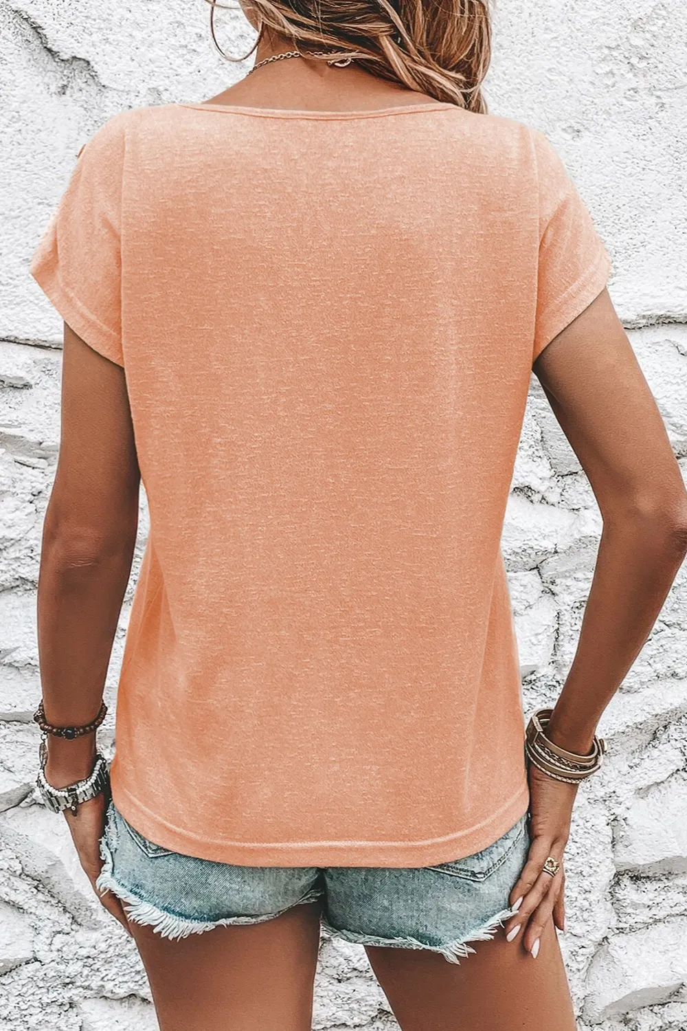Decorative Button Round Neck Short Sleeve Blouse, image 6