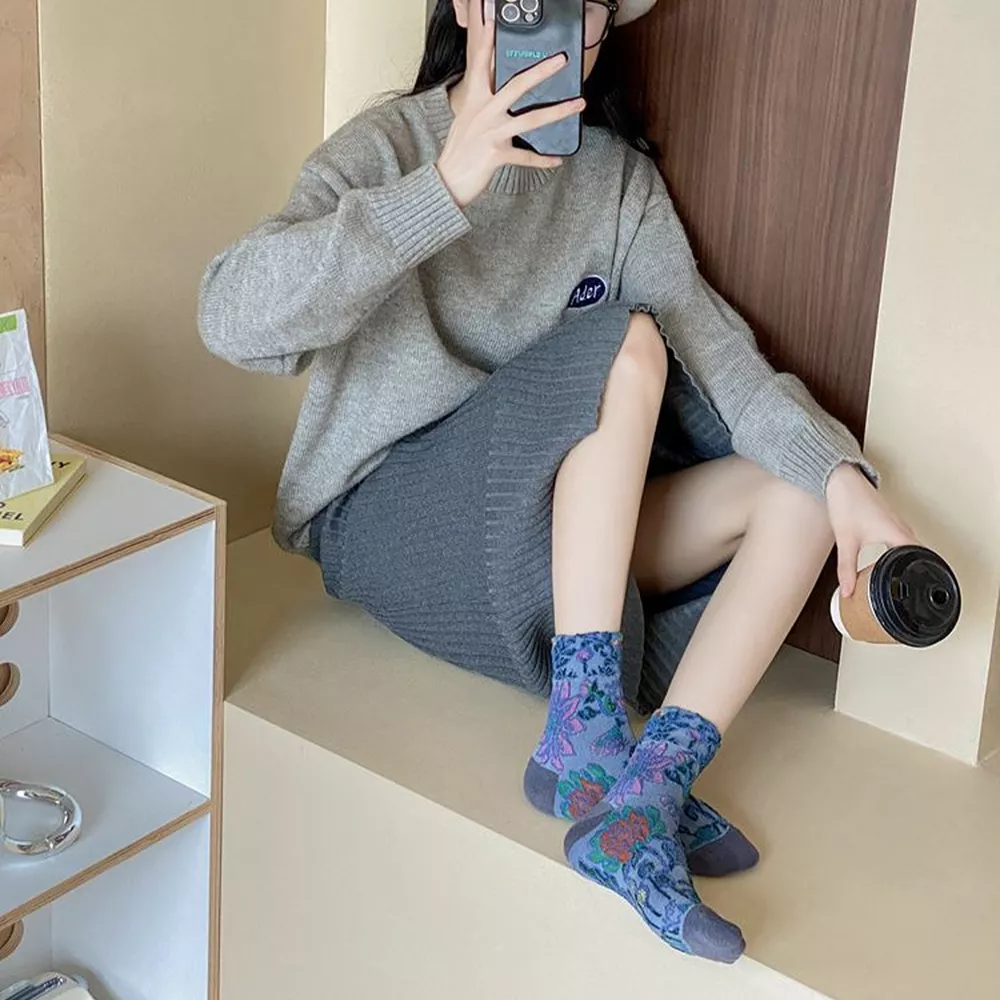 Floral Jacquard Crew Socks, image 11