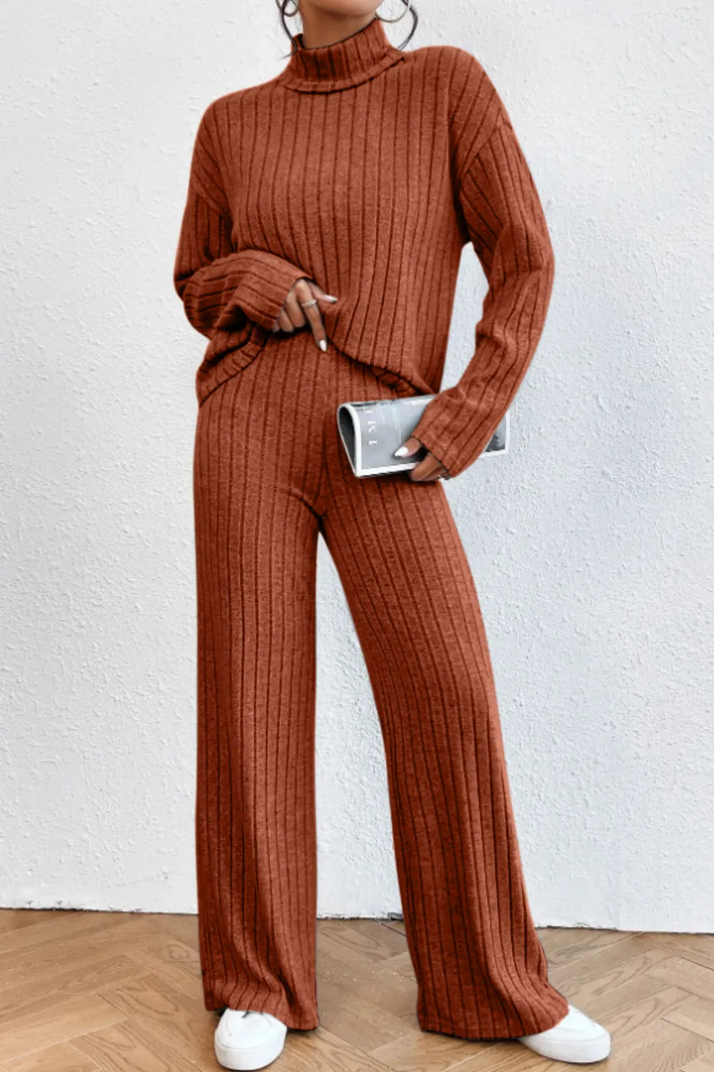 Mock Neck Dropped Shoulder Top and Pants Set, image 27