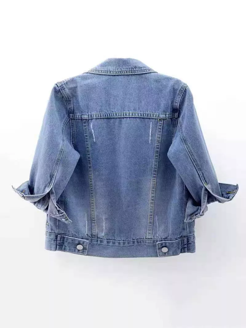 Full Size Distressed Mid-Sleeve Denim Jacket Plus Size, image 7