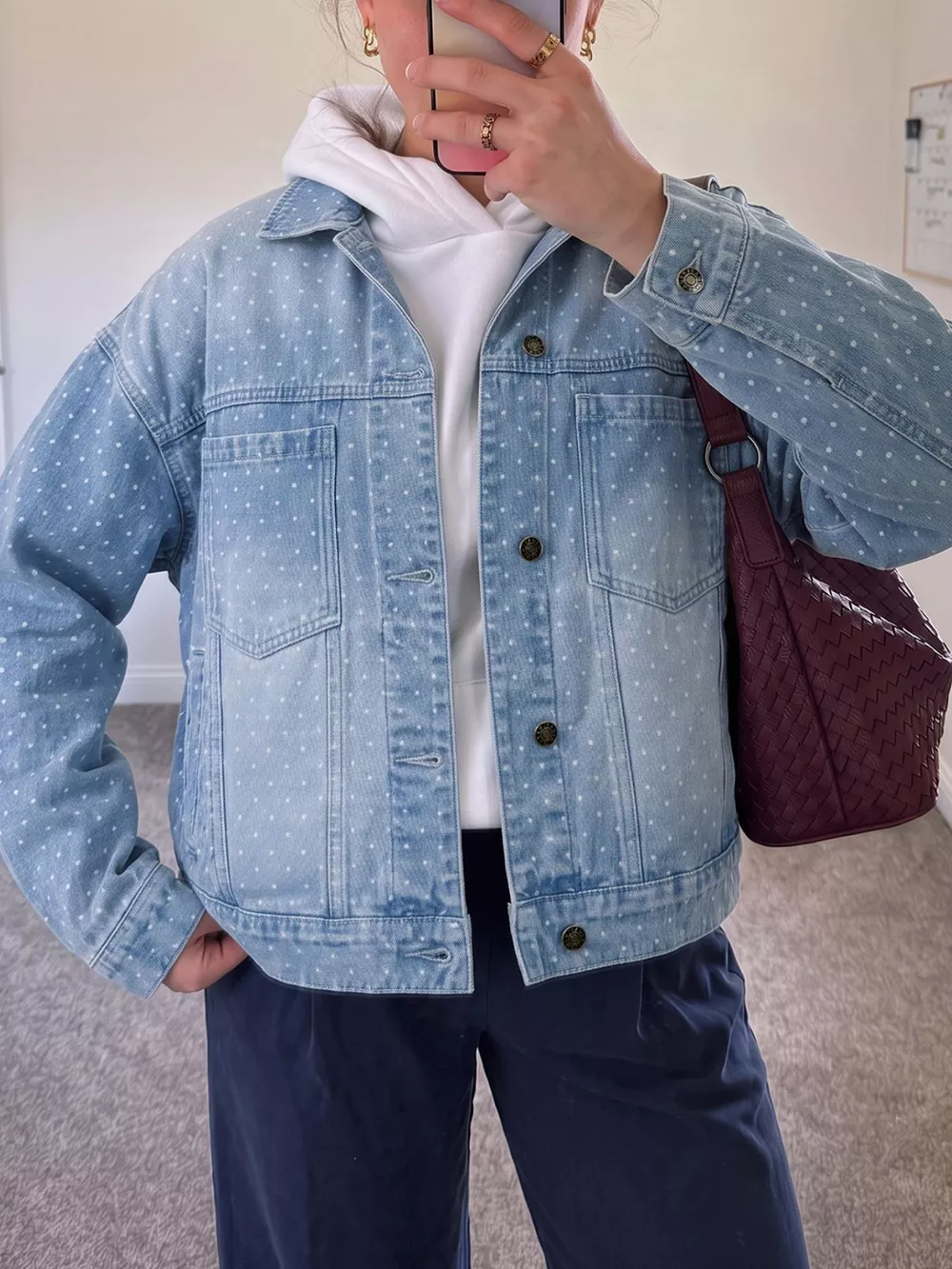 Polka Dot Long Sleeve Collar Pocket Casual Shift Silhouette Denim Jacket, image 3