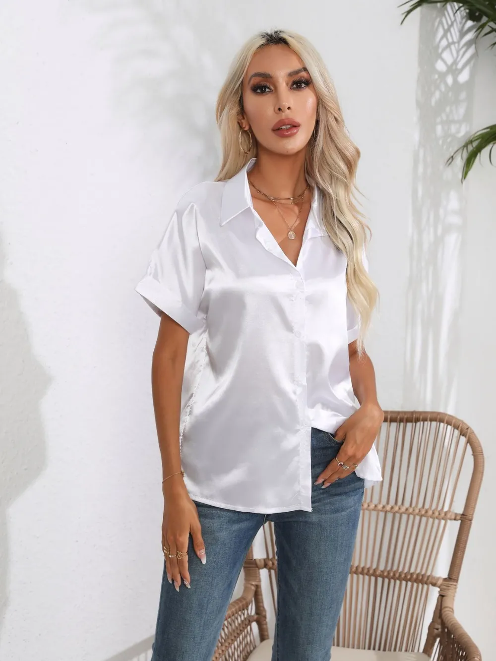 Button Down Collared Neck Short Sleeve Satin Shirt, image 8