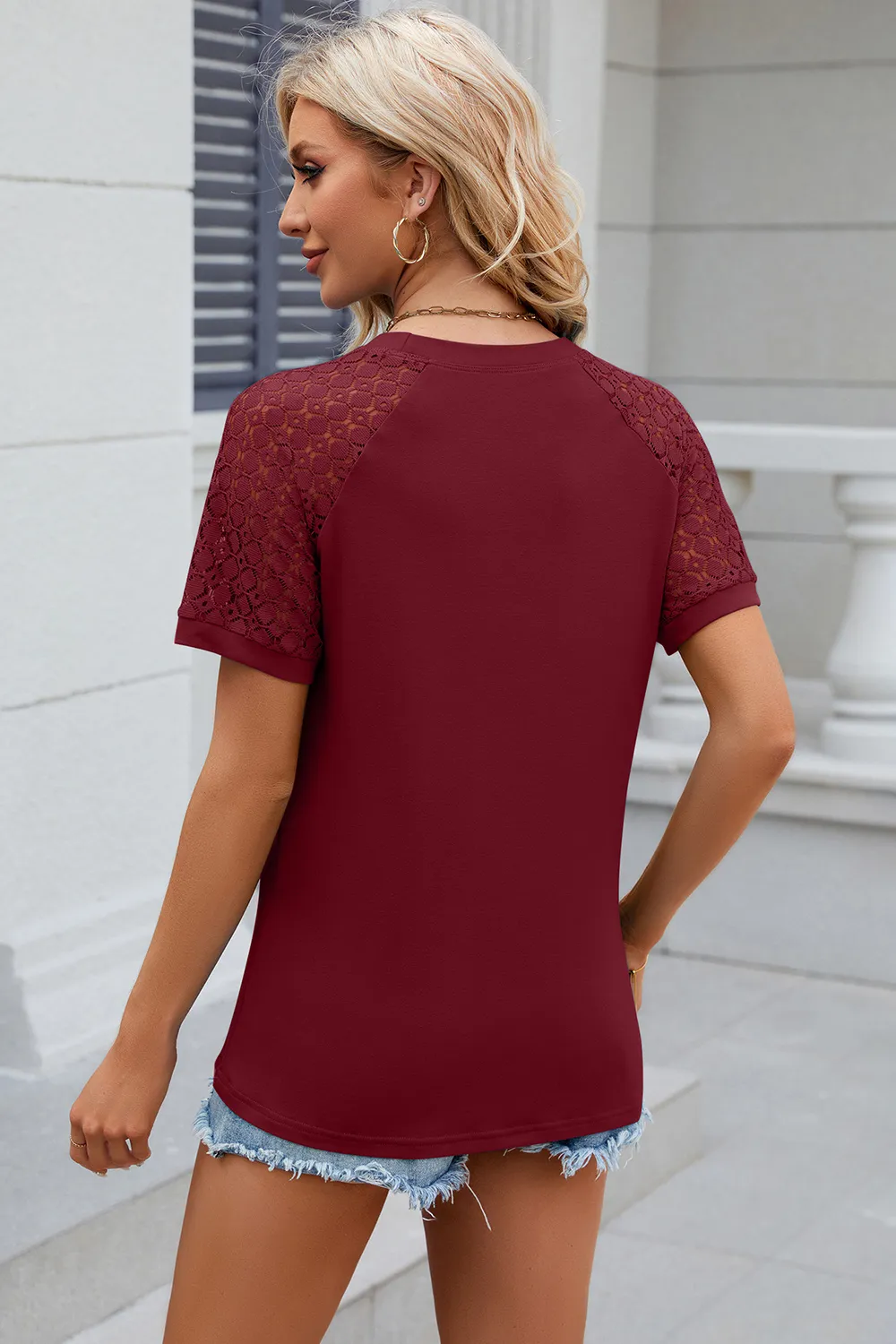 Openwork Round Neck Short Sleeve T-Shirt, image 31