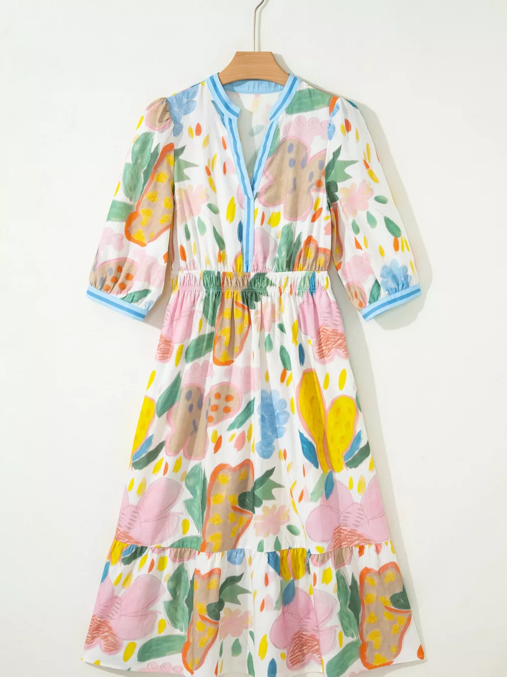 Multicolour Floral Doodle Print Striped Trim V Neck Midi Dress, image 4