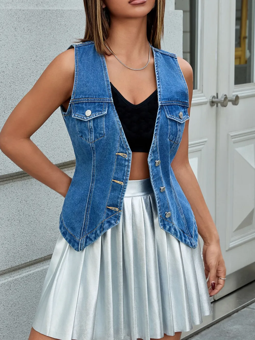 V-Neck Button-Front Denim Vest, image 10
