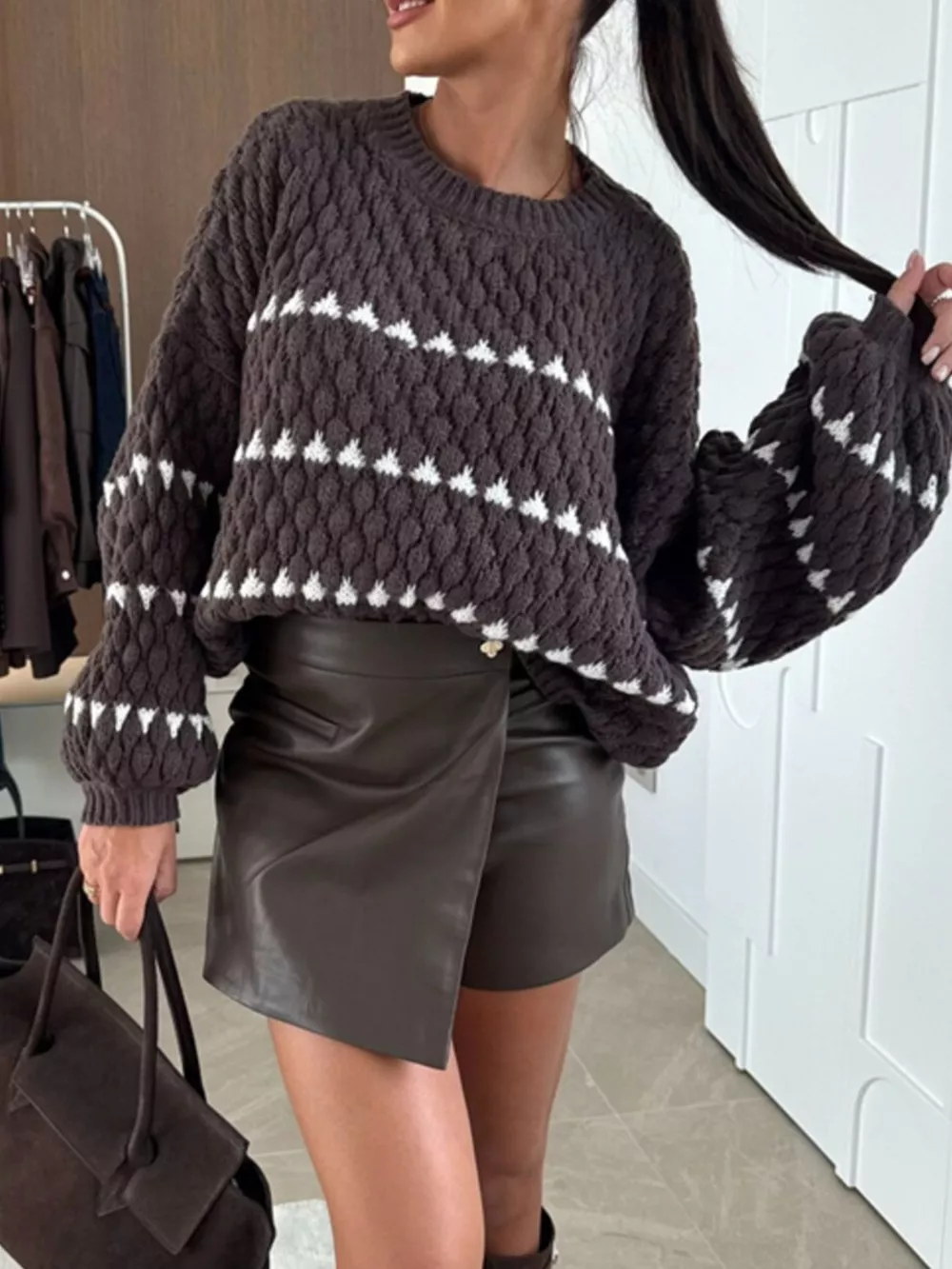 Chunky Knit Striped Sweater with Balloon Sleeves, image 5