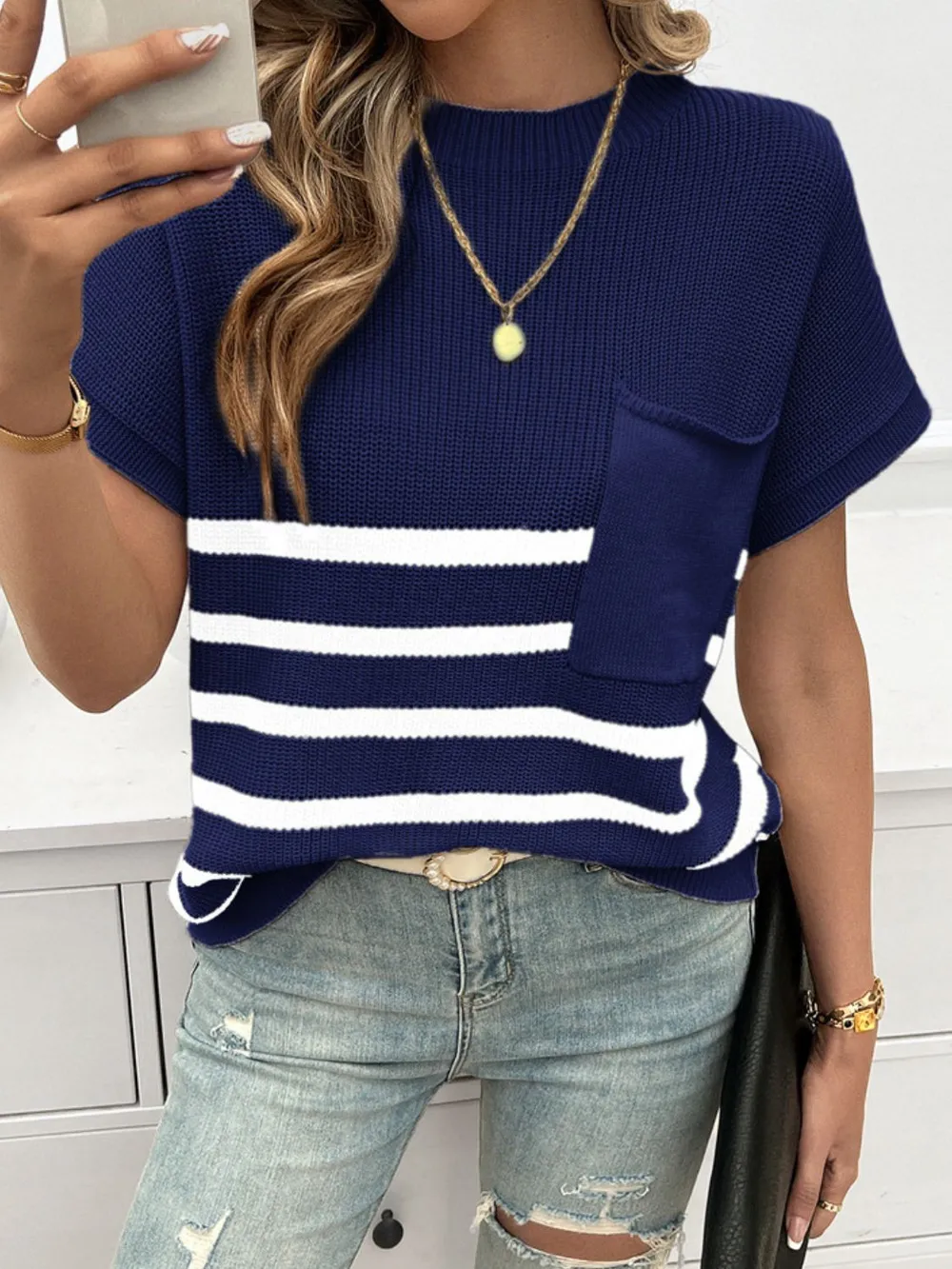 Striped Round Neck Short Sleeve Sweater, image 7