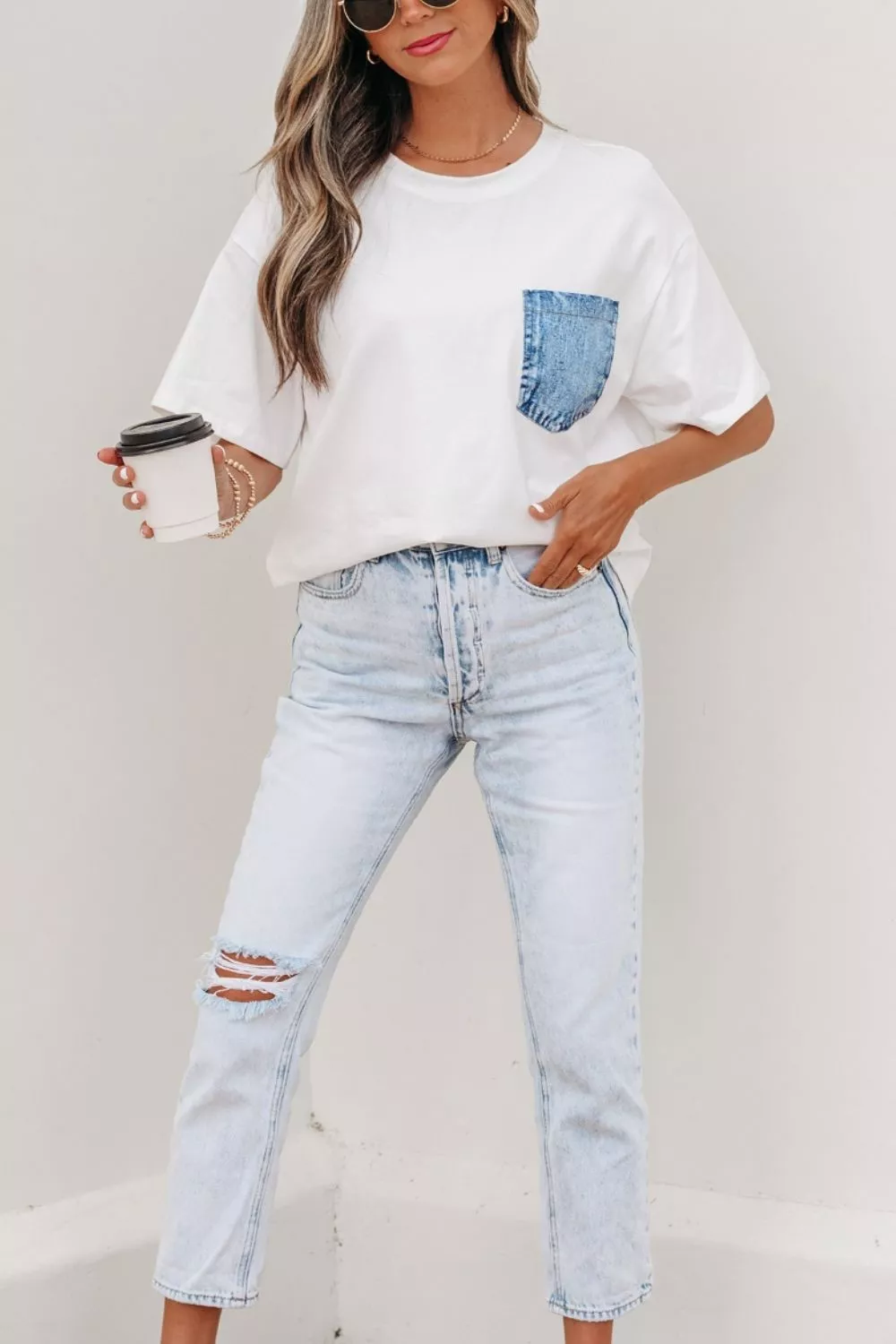 Color Block Chest Pocket Patched Casual Short Sleeve Top, image 5