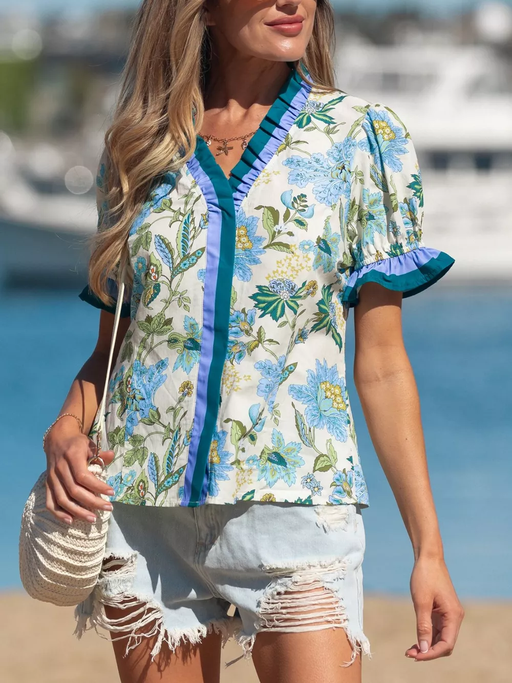 Floral Print Contrasted Frilled Striped Trim Short Sleeve Blouse, image 6