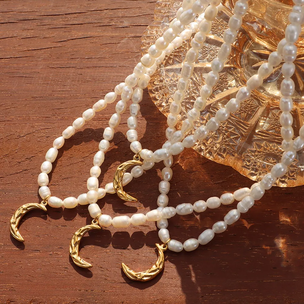 Pearl Titanium Steel Moon Shape Pendant Necklace, image 5