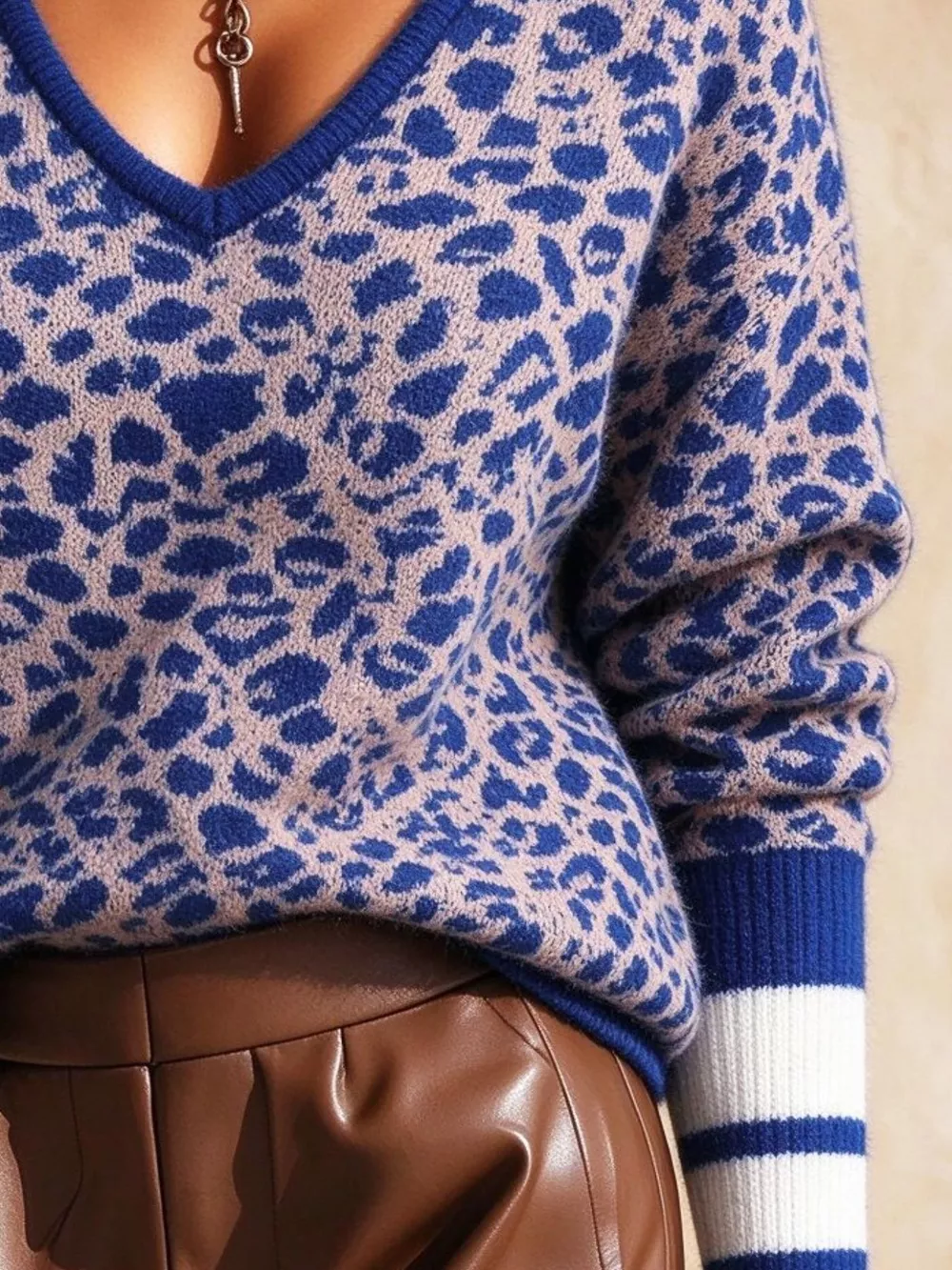 Full Size Leopard V-Neck Sweater with Striped Cuffs Plus Size, image 6