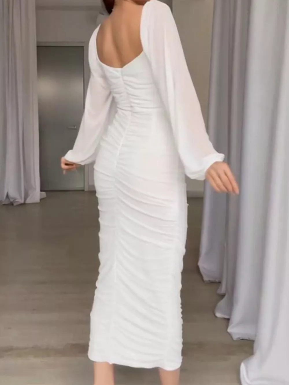Ruched Sheer Long Sleeve Dress, image 3
