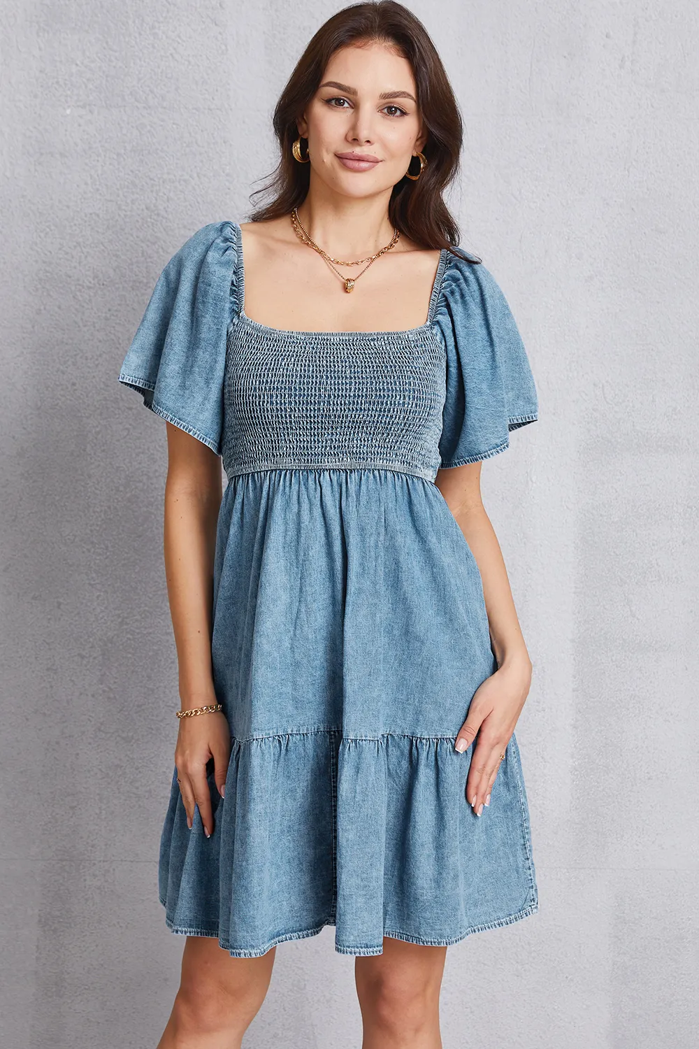 Smocked Square Neck Mini Denim Dress, image 5