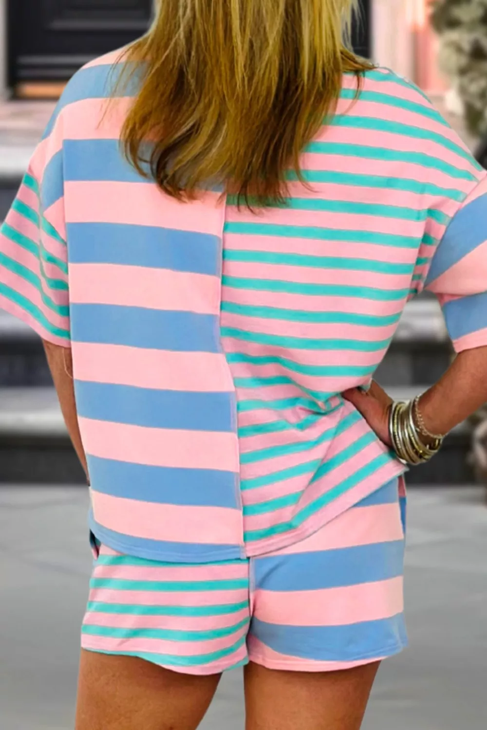 Stripe Exposed Seam Mixed Patchwork Loose Short Set, image 2