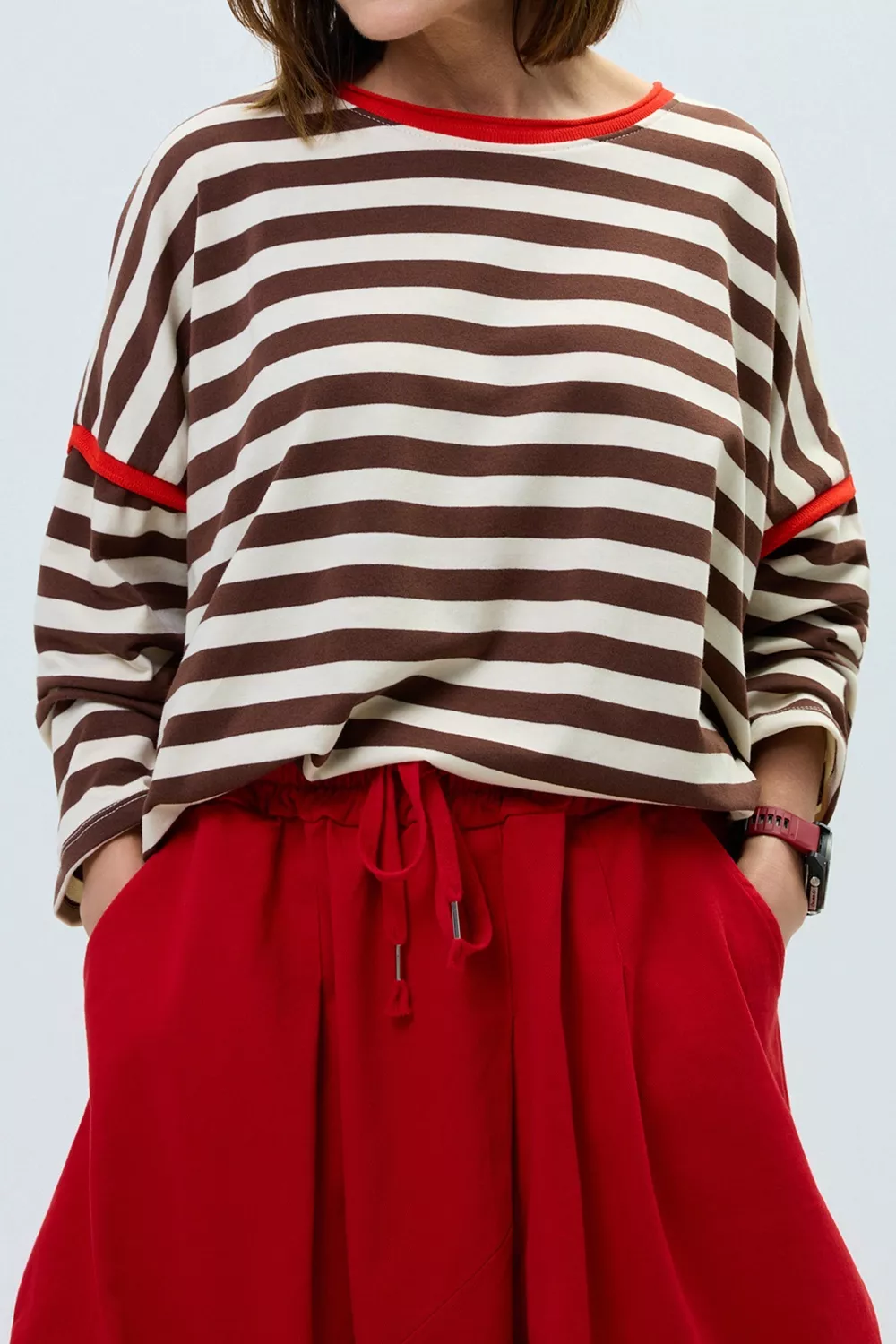 Striped Long-Sleeve Top with Contrast Trim, image 2