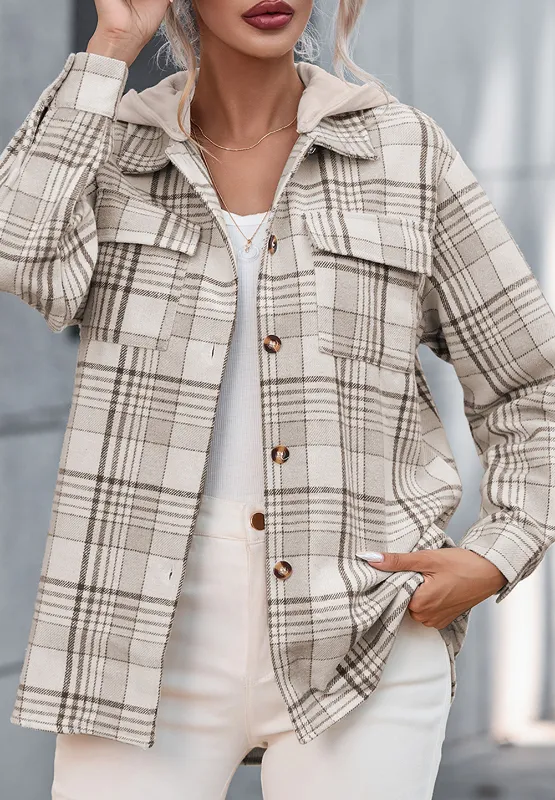 Plaid Removable Hood Button Up Shacket, image 12