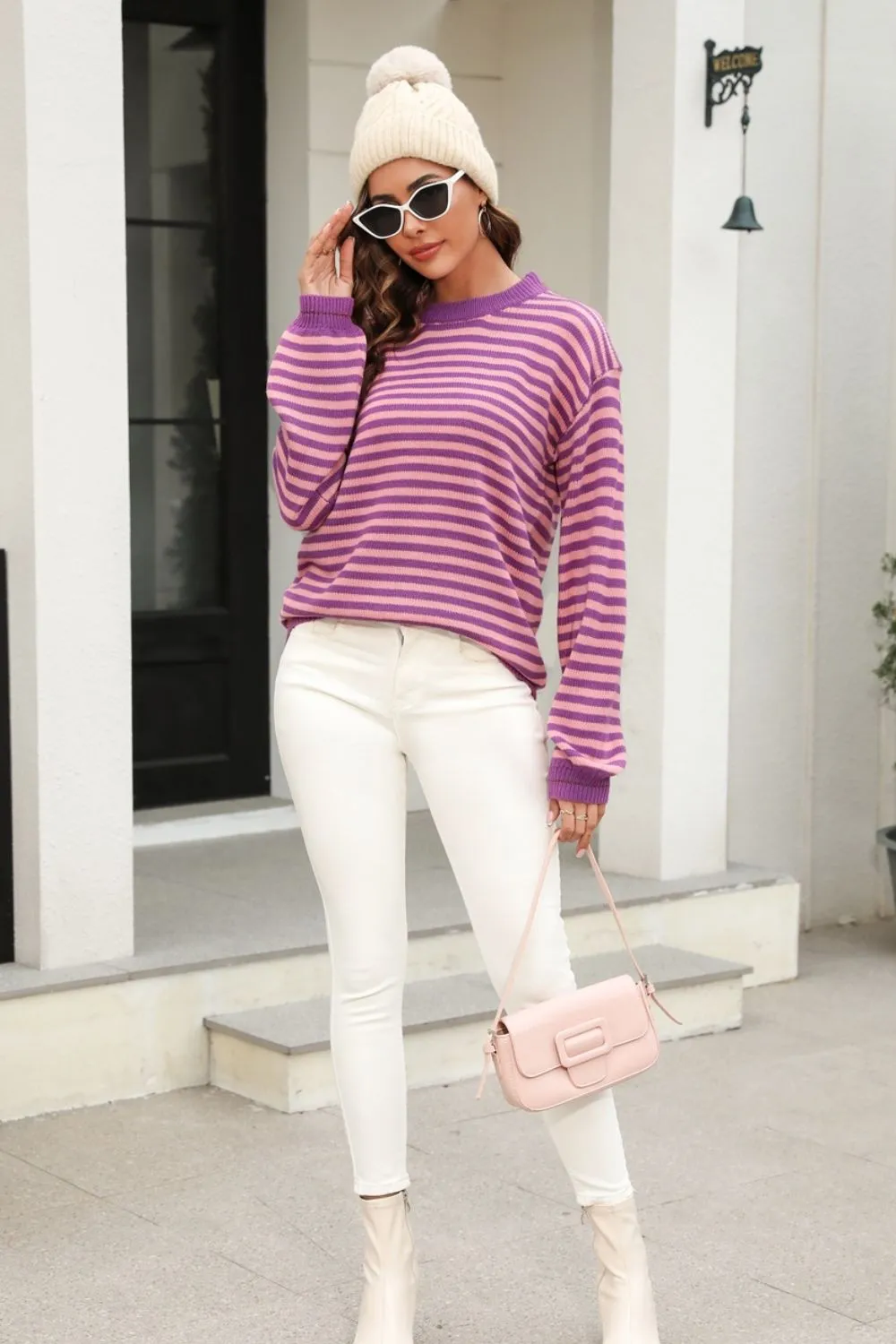 Striped Round Neck Dropped Shoulder Sweater, image 33