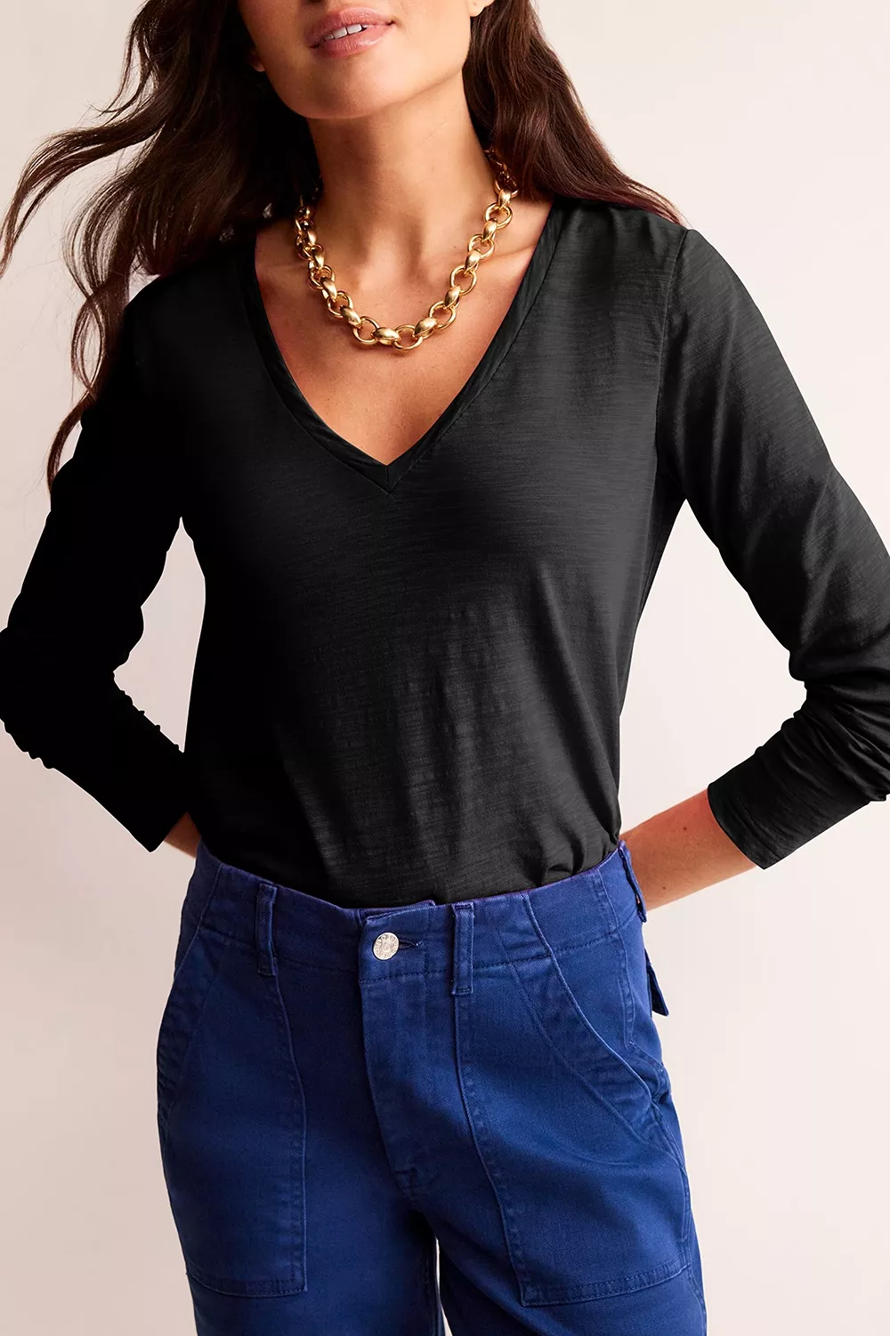 Solid Color V Neck Long Sleeve Stretchy Top, image 12