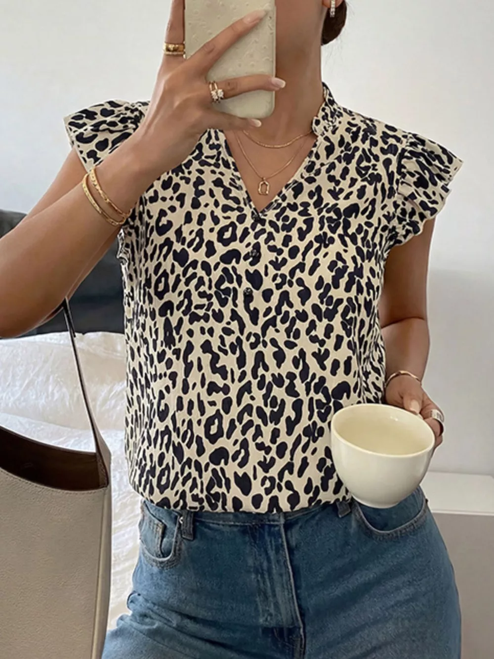 Leopard Print Ruffle Sleeve Blouse, image 4