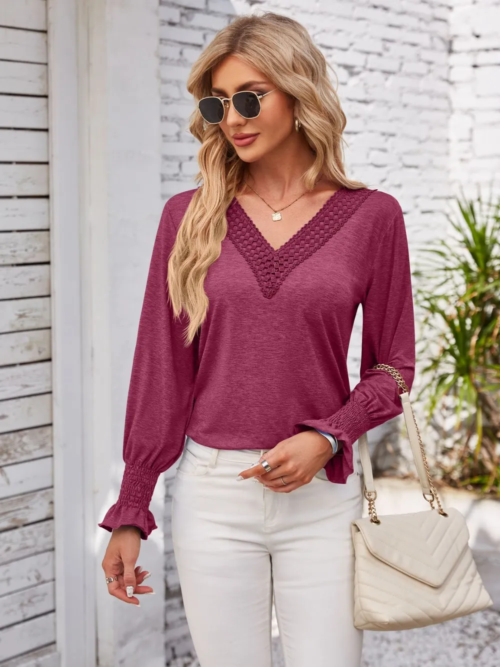 Smocked V-Neck Long Sleeve Blouse, image 22