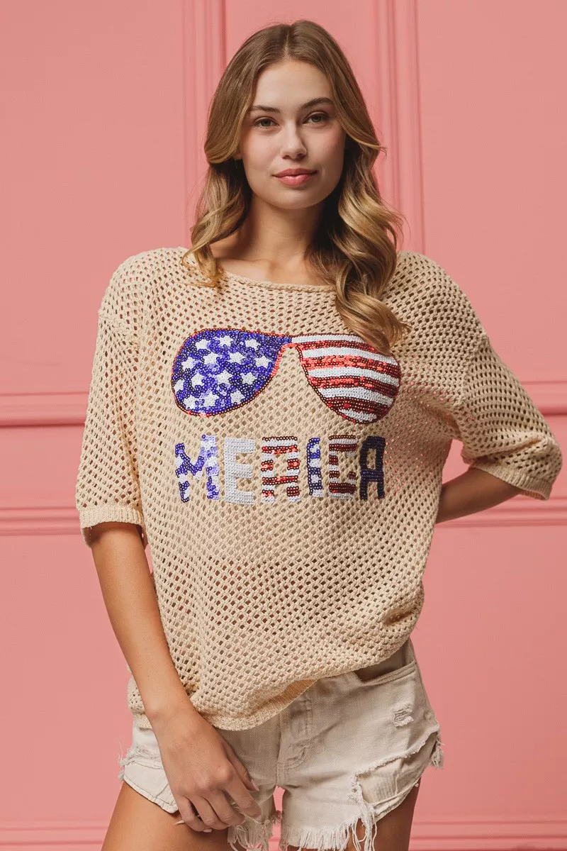 Sequin American Flag Sunglasses Knit Cover Up, image 10