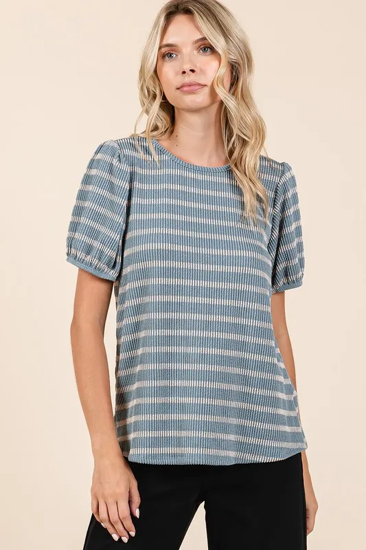 Contrast Striped Short Puff Sleeve Knit Top