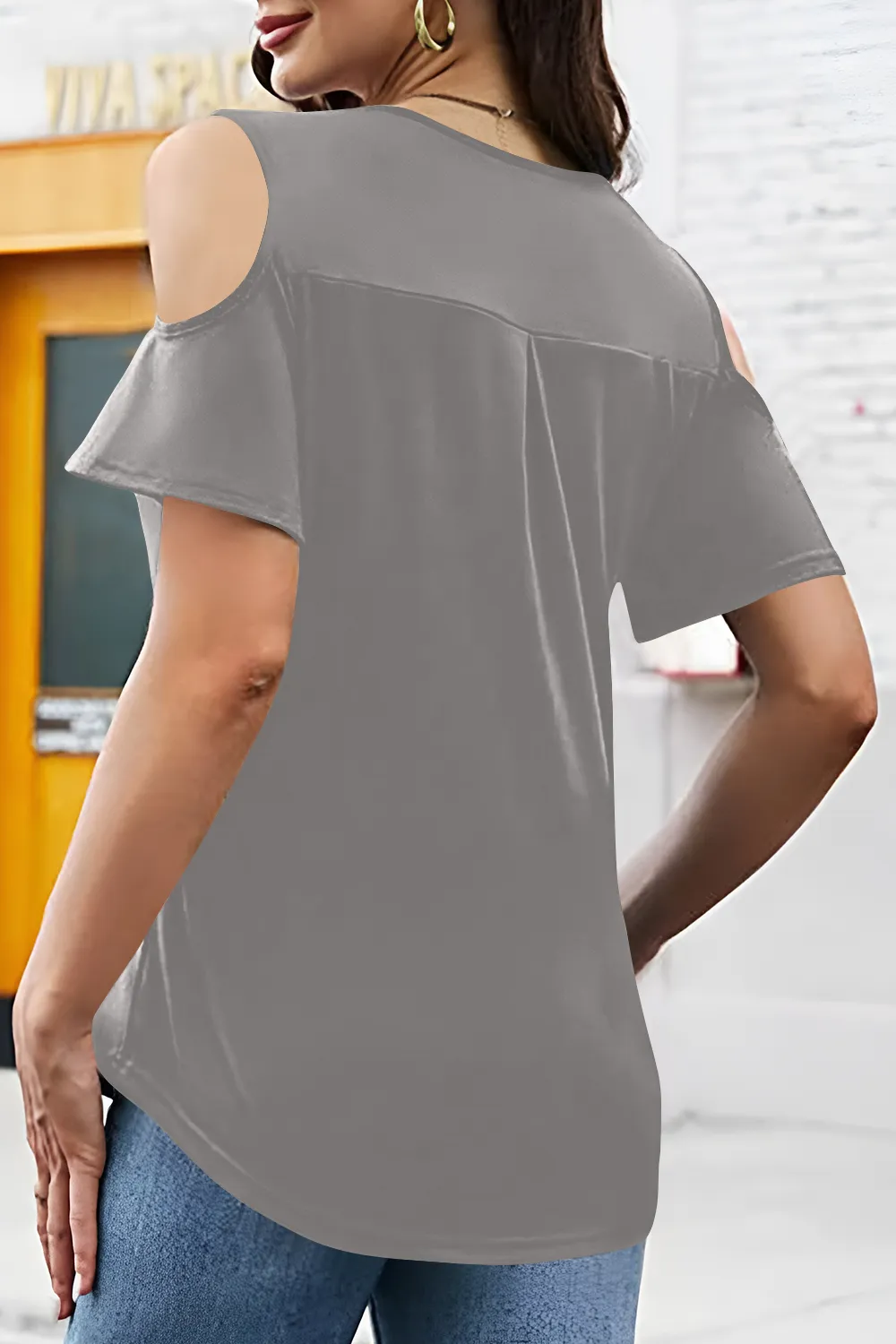 Full Size Half Zip Cold Shoulder Top, image 13