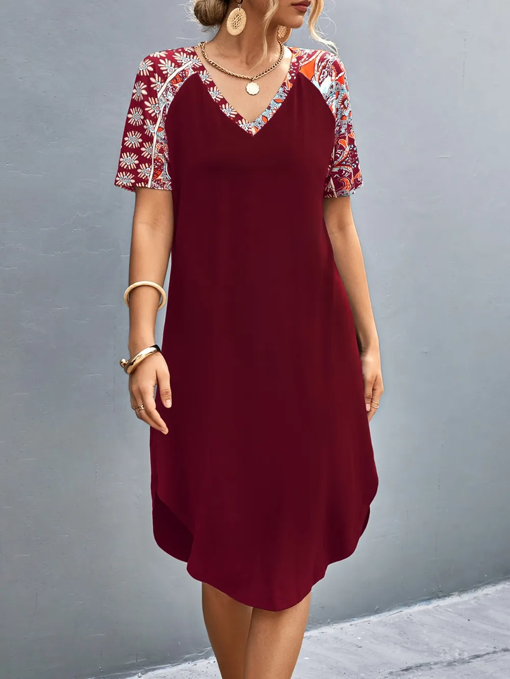 Printed V-Neck Short Sleeve Dress, image 2