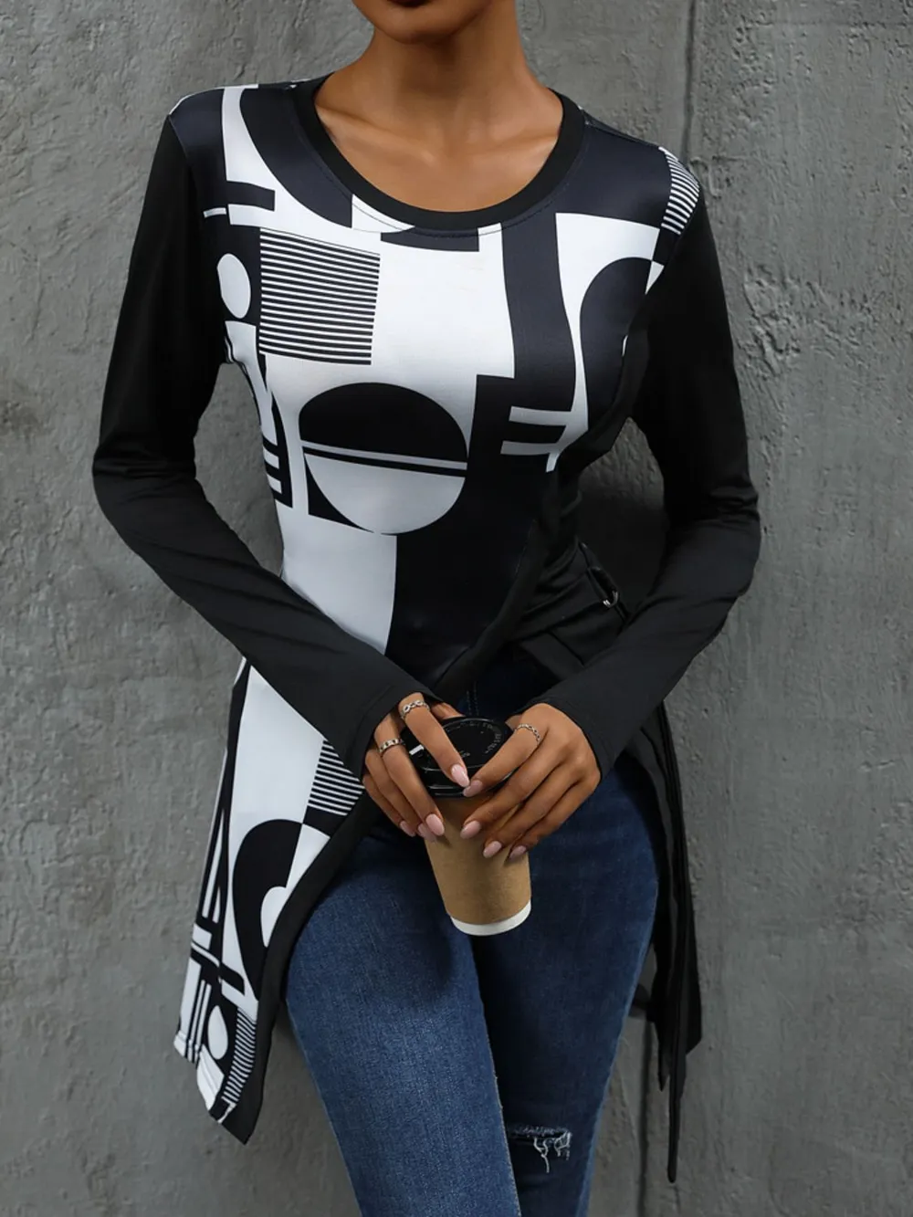 Geometric Round Neck Long Sleeve T-Shirt, image 5