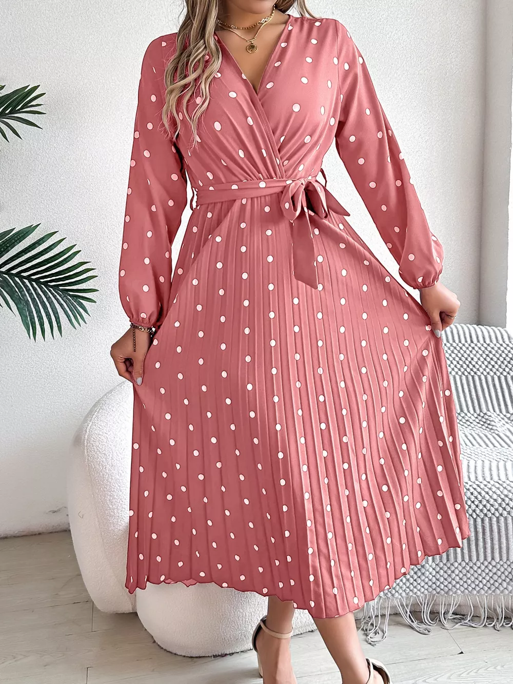 Front Tie Polka Dot Midi Pleated Dress, image 28