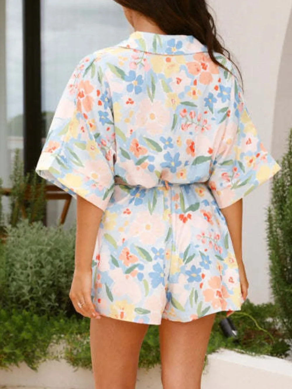 Printed Half Sleeve Tie Waist Romper, image 11