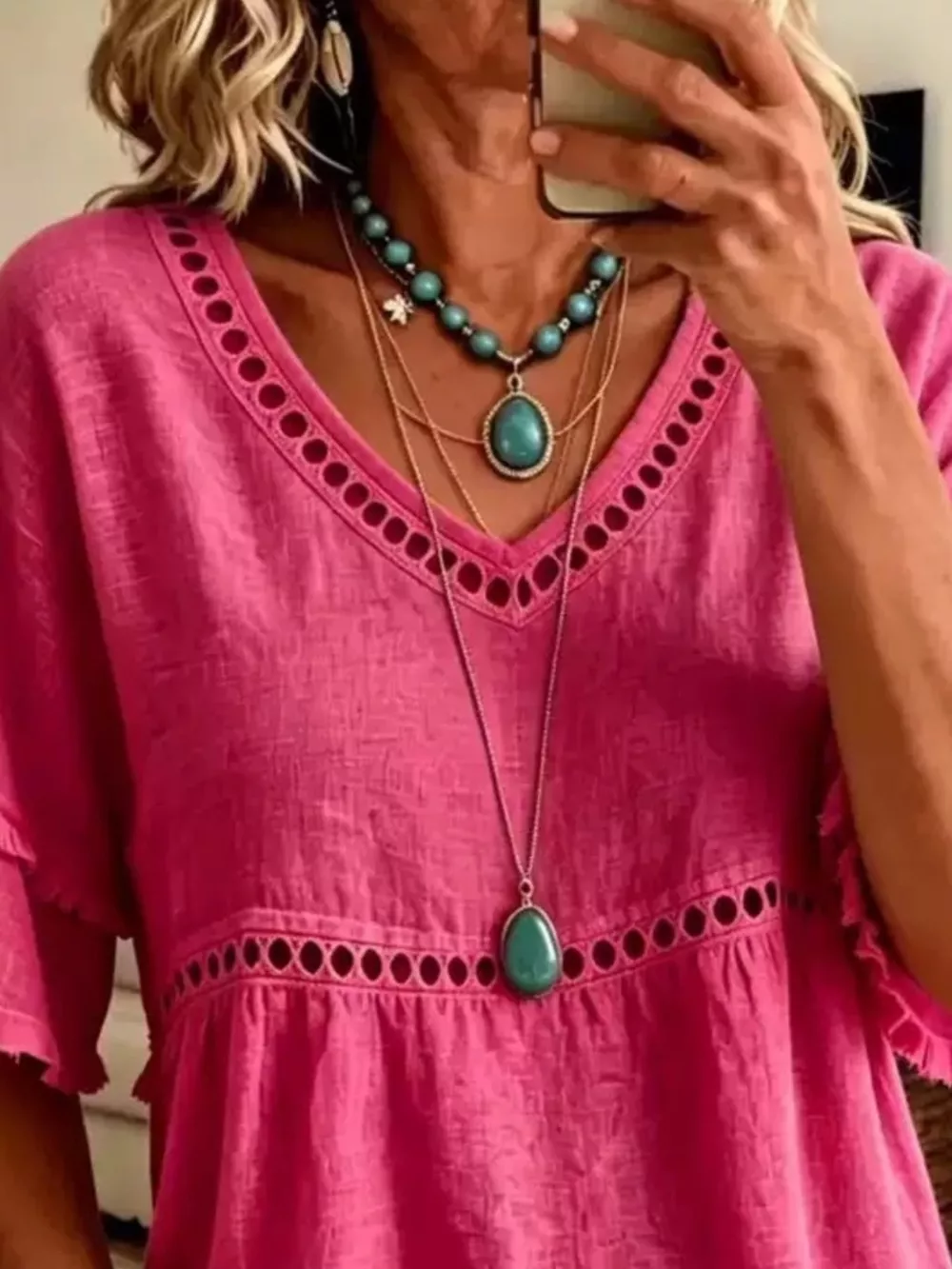 Eyelet V-Neck Frayed Edge T-Shirt, image 2