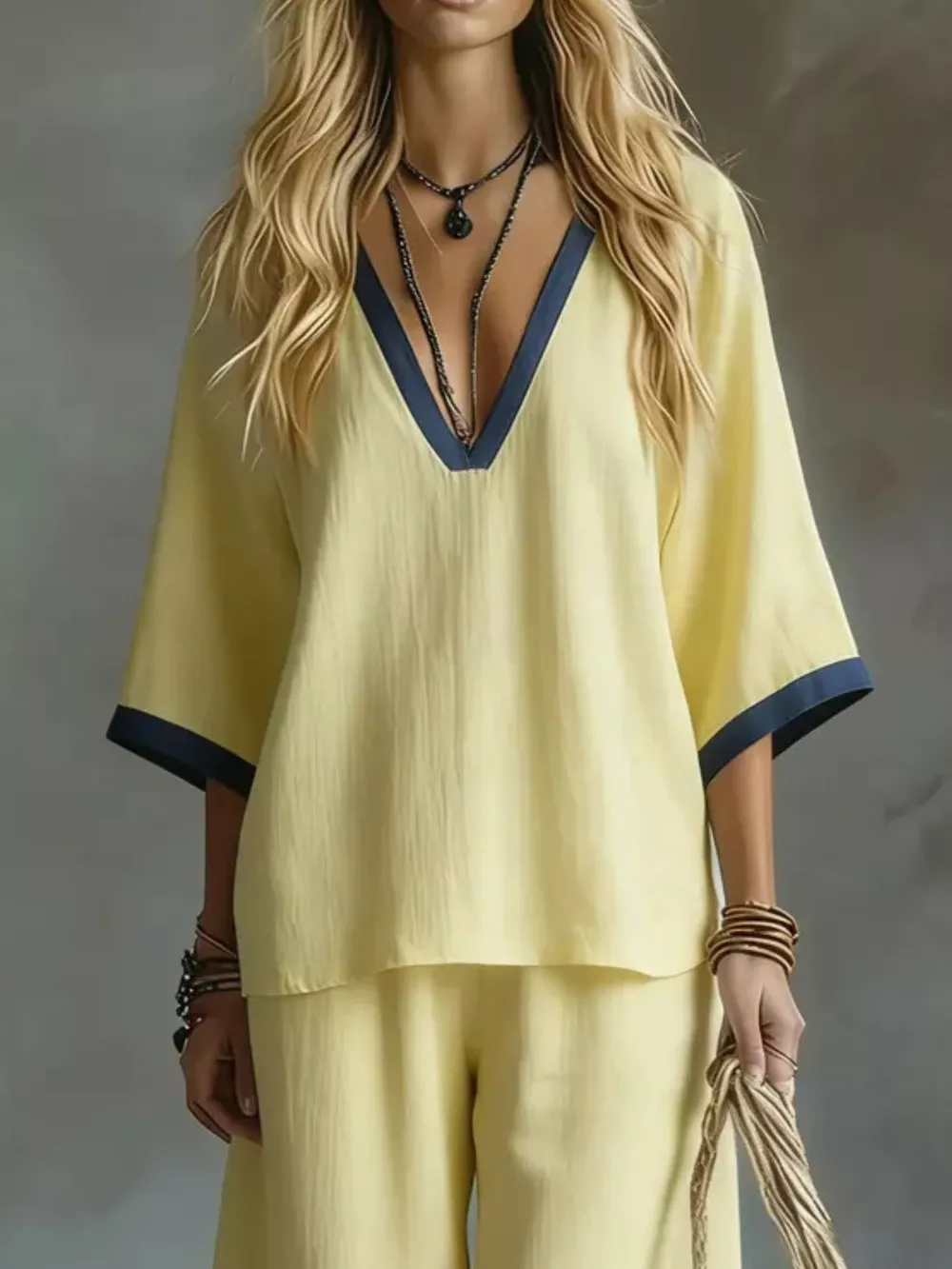 Contrast Trim V-Neck Top and Pants Set, image 10