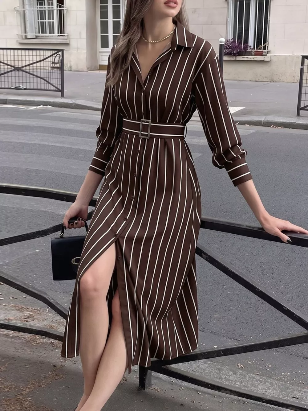 Striped Long Sleeve Belted Shirt Dress