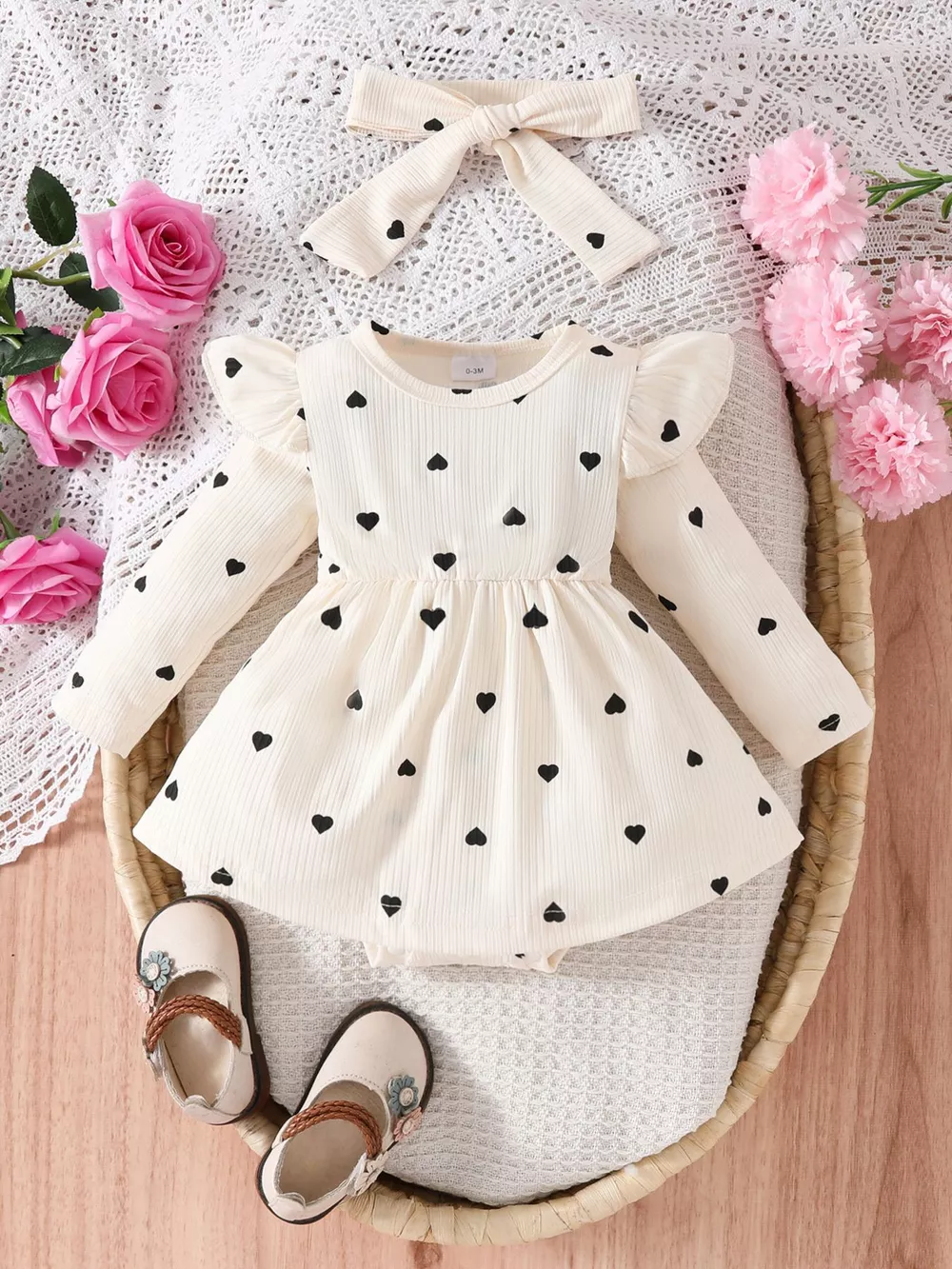 Children's Heart Print Ruffle Trim Bodysuit Dress with Headband, image 8
