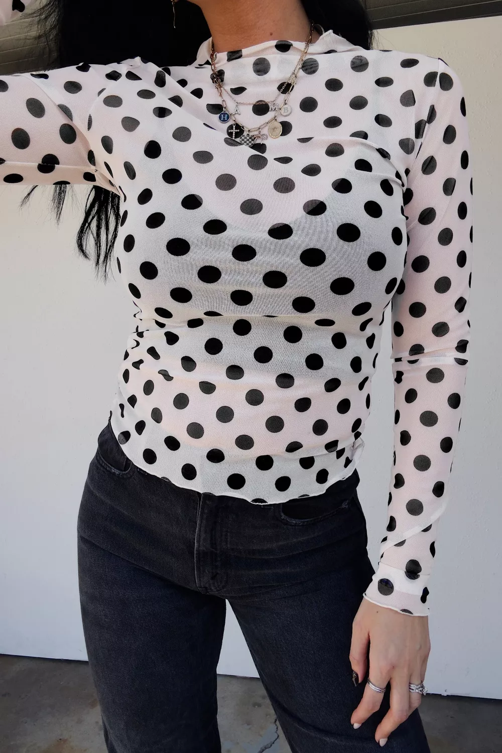 Polka Dot Mesh Long Sleeve Stand Neck Sheath Top, image 3